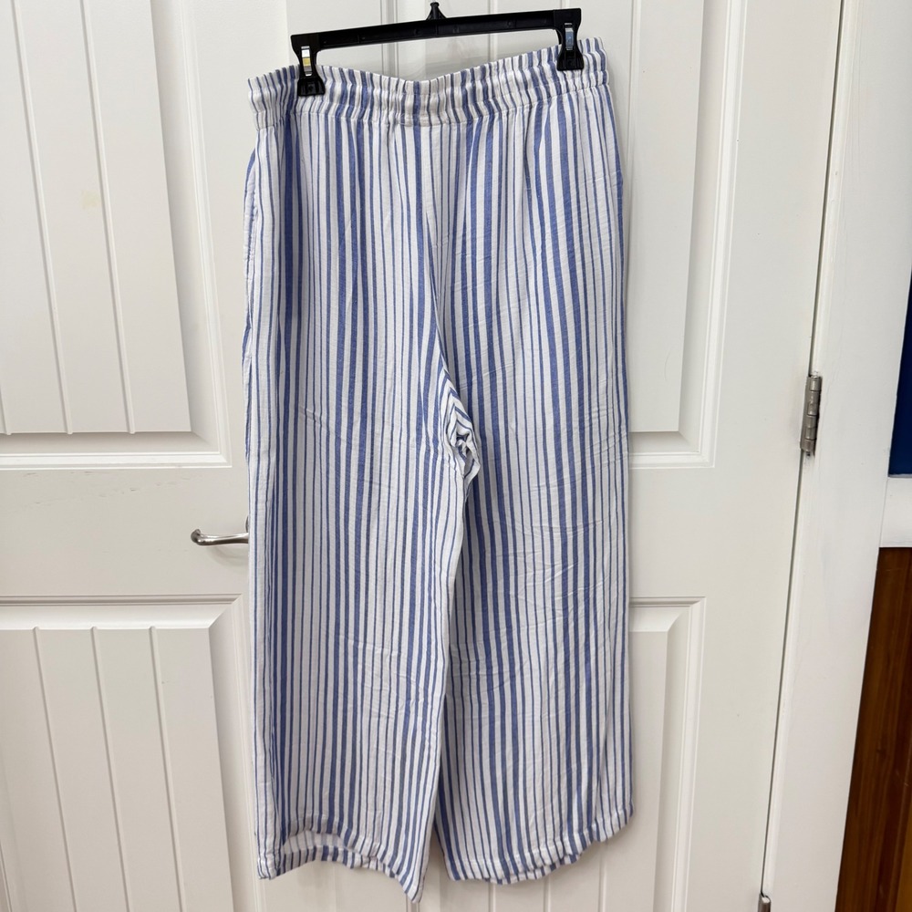 French Laundry Wide Leg Pants Large Blue Striped Tassel Drawstring Rayon - Picture 2 of 6